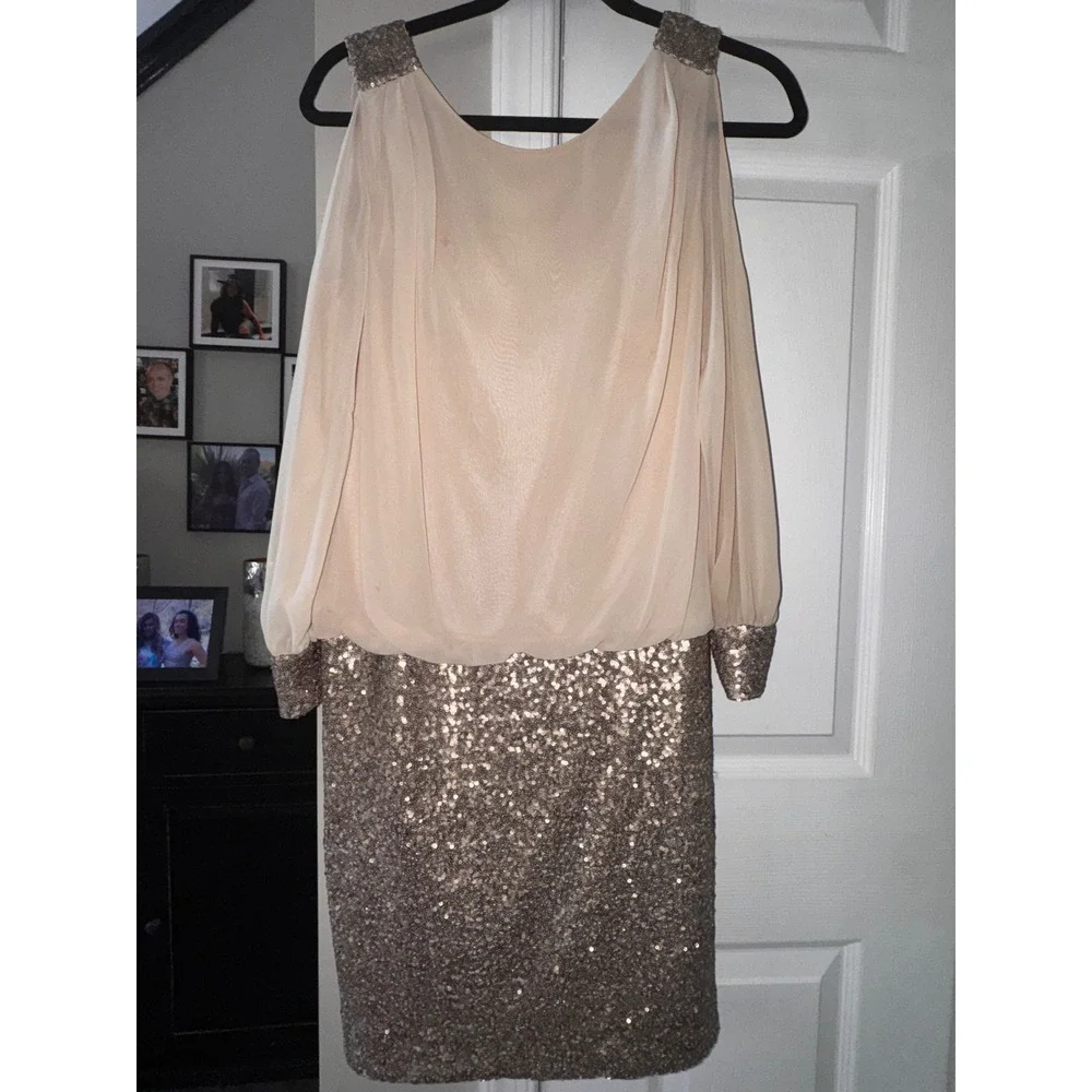 Cache Women‎ Rose Gold Sequin Cold Shoulder Blouson Cocktail Dress Size 10